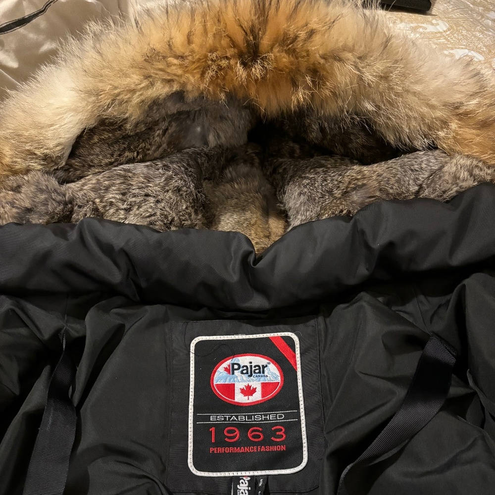 Pajar Canada 1963, black down jacket, with rabbit fur hood, size L women